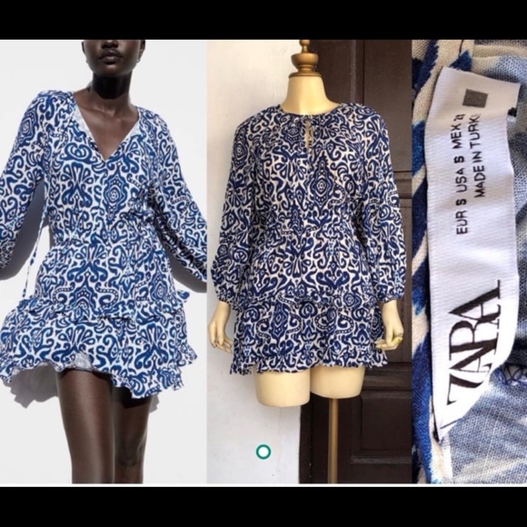 Zara printed blue and white boho balloon sleeve mini dress - Picture 4 of 12